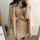 Set: Plain Turtle-neck Sweater + Cardigan + Slim-fit Skirt
