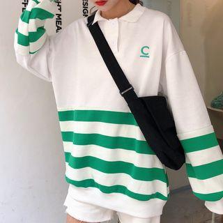 Letter Embroidered Striped Collared Pullover