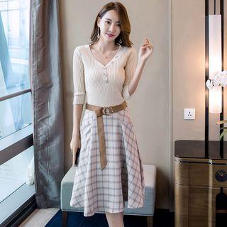 Set: Elbow-sleeve Ribbed Knit Top + Plaid Midi A-line Skirt