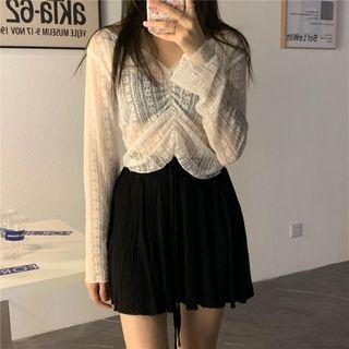 Long-sleeve Crinkled Lace Blouse As Shown In Figure - One Size