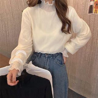 Long-sleeve Ruffle Trim Mock-neck Blouse