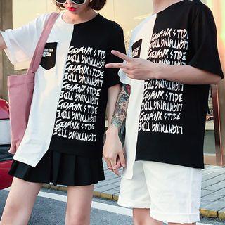 Couple Matching Color Block Lettering Short-sleeve T-shirt