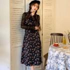 Long-sleeve Lace Blouse/ Spaghetti Strap Floral Print Midi A-line Dress