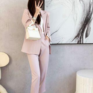 Set: Plain Double-breasted Blazer + Tapered Cropped Pants
