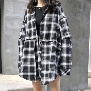 Ring Detail Plaid Buttoned Jacket As Shown In Figure - One Size