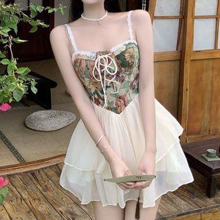 Spaghetti-strap Floral Panel Mini A-line Dress