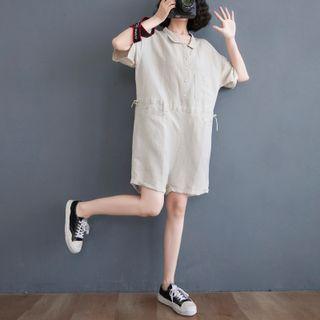 Plain Short-sleeve Romper Beige - One Size