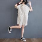 Plain Short-sleeve Romper Beige - One Size
