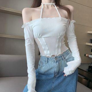 Long-sleeve Halter Cold-shoulder T-shirt White - One Size