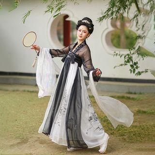 Set: Floral Bombardier Trim Long-sleeve Mesh Top + Strapless Midi A-line Dress