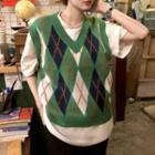 V-neck Argyle Knit Vest Green - One Size