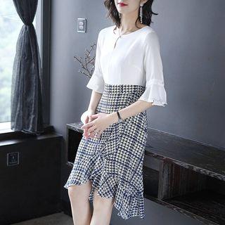 Elbow-sleeve Houndstooth Panel A-line Dress