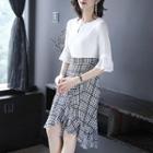 Elbow-sleeve Houndstooth Panel A-line Dress
