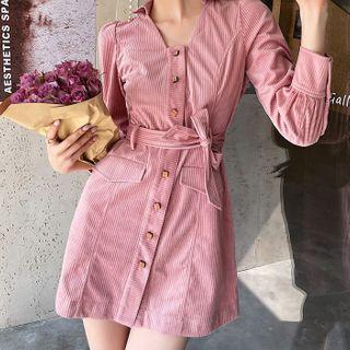 Long-sleeve Tie-waist Mini A-line Corduroy Dress