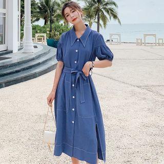 Tie-waist Puff-sleeve Midi Dress