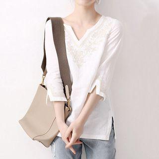 3/4-sleeve Notch Neck Embroidered Top