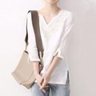 3/4-sleeve Notch Neck Embroidered Top
