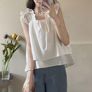Ruched Ruffle Plain Sleeveless Top