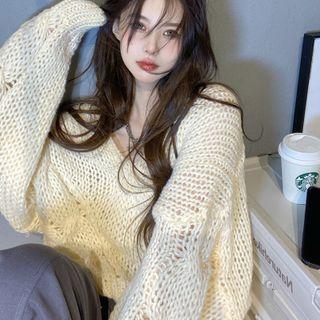 V-neck Cut-out Knit Sweater