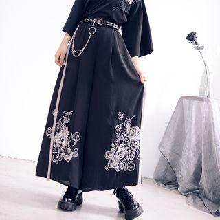 Contrast Trim Tie-waist Embroidered Wide-leg Pants