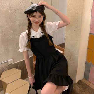 Puff-sleeve Collared Blouse / Plain Overall Dress