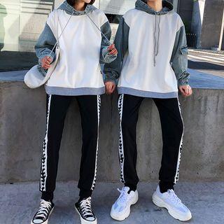 Couple Matching Boxy Denim Panel Hoodie / Contrast Color Sweatpants / Set