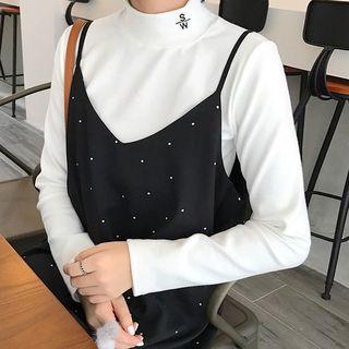 Long-sleeve Embroidered Fleece-lined Mock Neck T-shirt