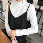 Long-sleeve Embroidered Fleece-lined Mock Neck T-shirt