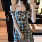 Plain Long-sleeve Cardigan / Color-block Plaid Off-shoulder Dress / Plaid Off-shoulder Top