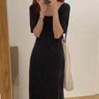 Short-sleeve Scoop Neck Midi T-shirt Dress Black - One Size