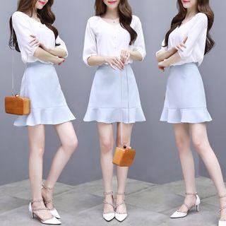 Set: V-neck Elbow-sleeve Blouse + Ruffle Trim Skirt