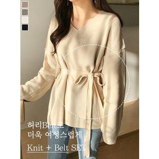 V-neck Boxy Knit Top With Tie-belt