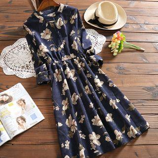 3/4-sleeve Floral Corduroy Dress