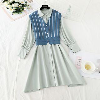 Set: Mini A-line Shirtdress + Striped Knit Vest
