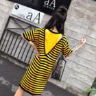 Elbow-sleeve Striped Knit Midi T-shirt Dress