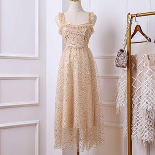 Spaghetti Strap Sequined Mesh Midi Dress