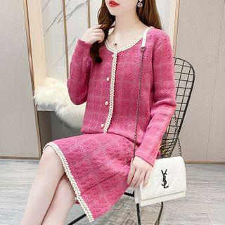 Set: Contrast Trim Knit Cardigan + Straight-fit Skirt