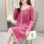 Set: Contrast Trim Knit Cardigan + Straight-fit Skirt