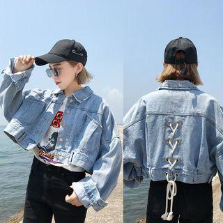 Lace-up Buttoned Cropped Denim Jacket