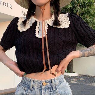 Short-sleeve Contrast Collar Knit Top Black - One Size