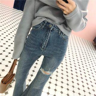 Washed Distressed Slim-fit Boot-cut Jeans