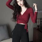 V-neck Side Tie Long-sleeve T-shirt / High Waist Wide-leg Pants