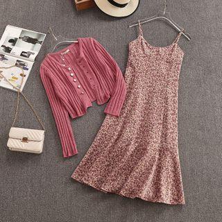 Set: Floral Strappy Midi A-line Dress + Cardigan