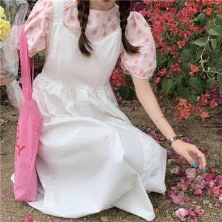 Puff-sleeve Dotted Blouse / Lace Trim Button-up Midi Overall Dress