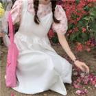 Puff-sleeve Dotted Blouse / Lace Trim Button-up Midi Overall Dress