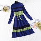 Contrast Stripe Tie-waist Knit Dress