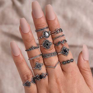 Set Of 15: Retro Faux Crystal / Rhinestone / Alloy Ring (assorted Designs) Riz002 - Set - Silver - One Size