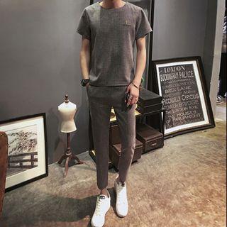 Set: Short Sleeve Lettering T-shirt + Cropped Plain Pants