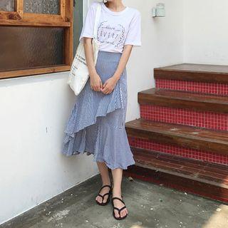 Wrap-front Ruffled Stripe Skirt Navy Blue - One Size