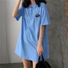 Elbow-sleeve Embroidered Mini Polo Dress Blue - One Size